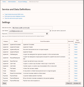 service and data definitions screen